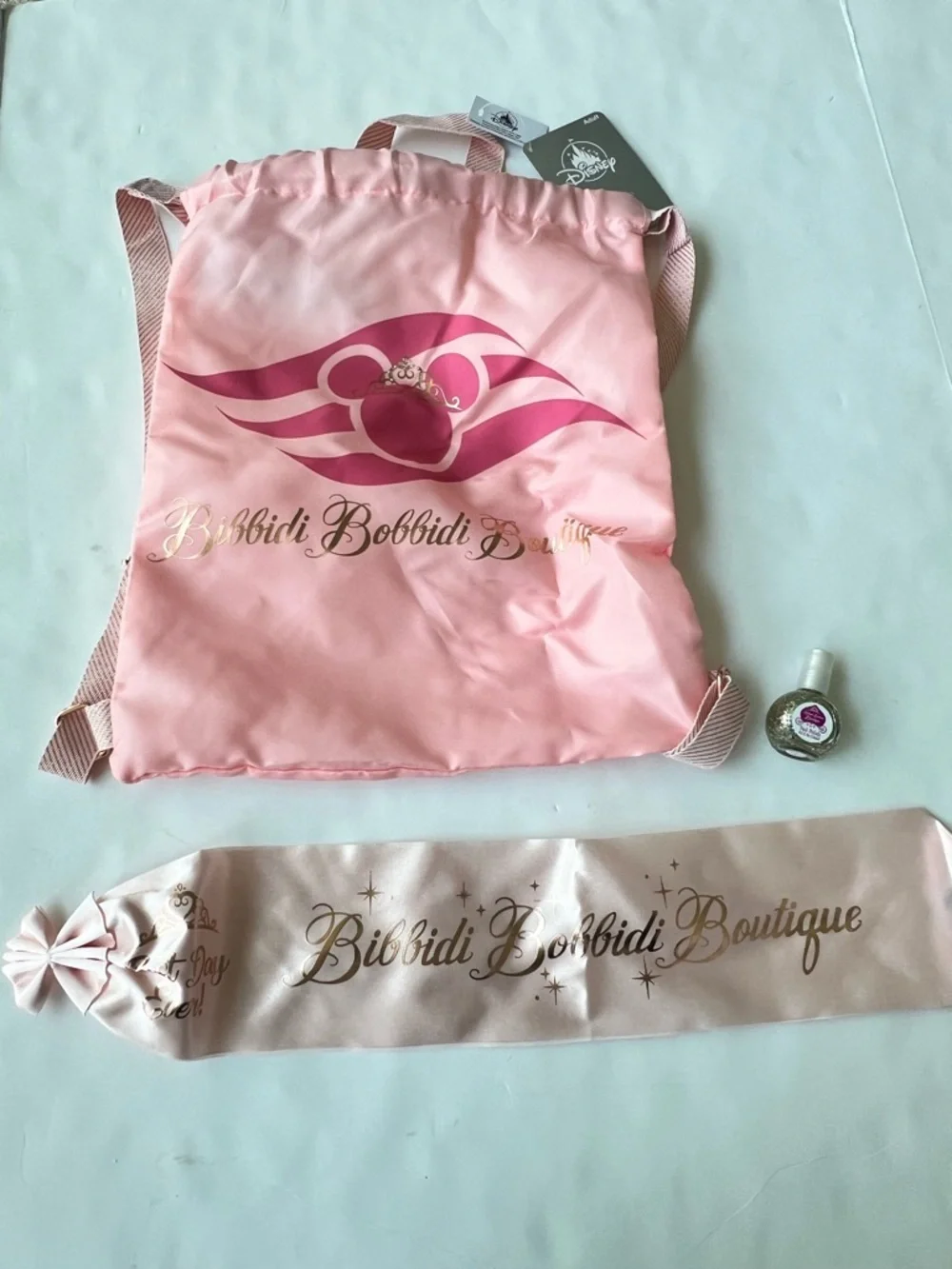 NWT Disney Cruise Bibbidi Bobbidi Boutique Princess Sash Backpack & Shirt XL